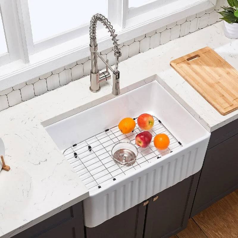 Farmhouse Single Bowl White Fireclay Kitchen with Grid and Strainer