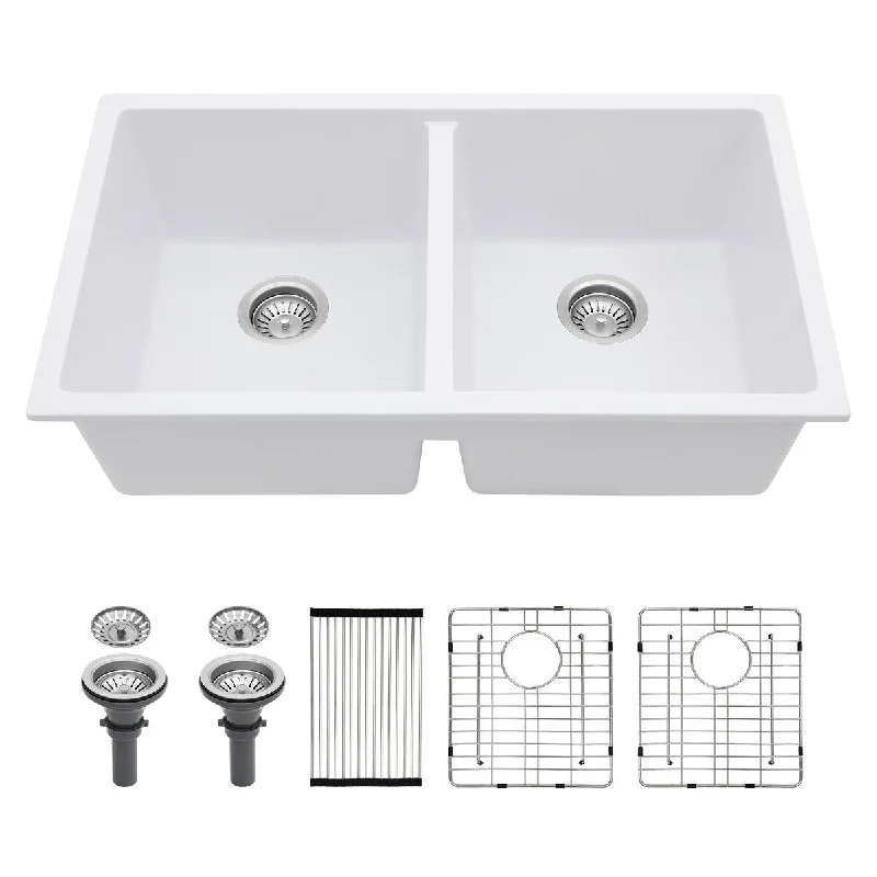 Kichae 33" Granite Sink Undermount Double Bowl Quartz Kitchen Sink