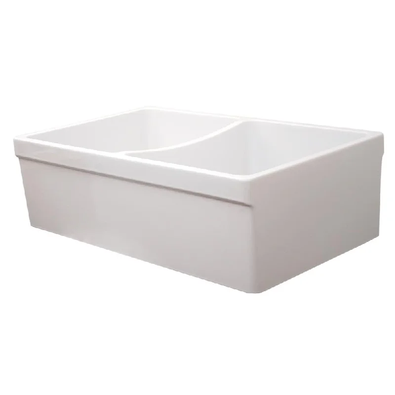 Quatro Alcove reversible double bowl fireclay sink with 2" lip on one side and 2 .5 inch lip on other - White