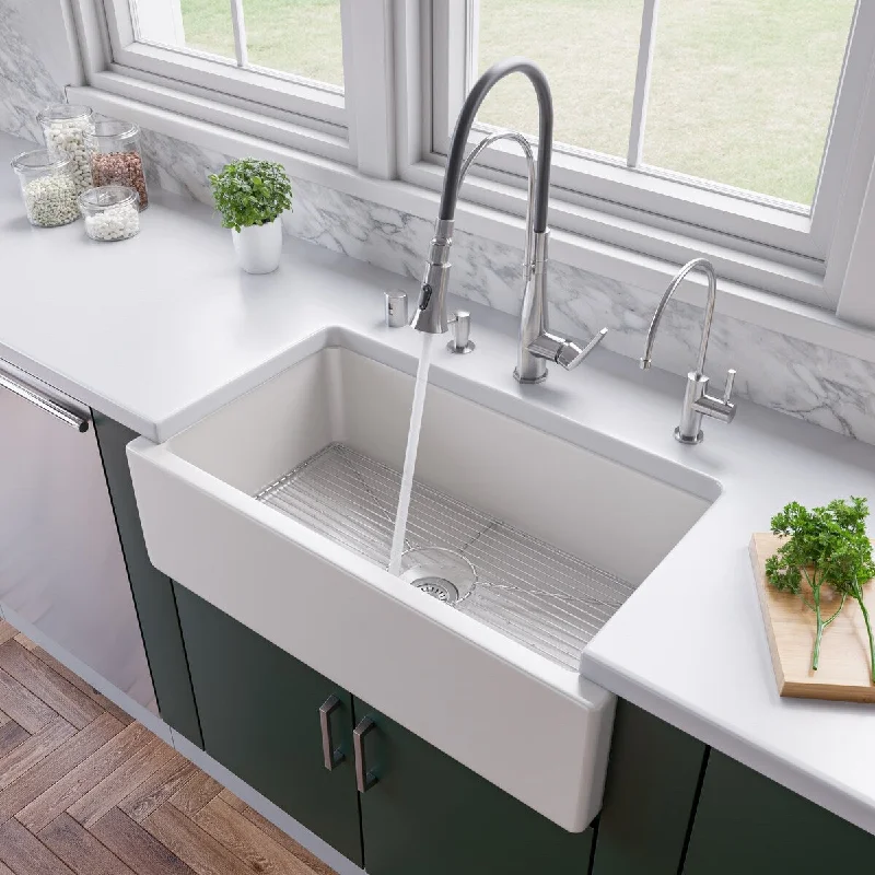 White 33" x 18" Reversible Fluted / Smooth Single Bowl Fireclay Farm Sink