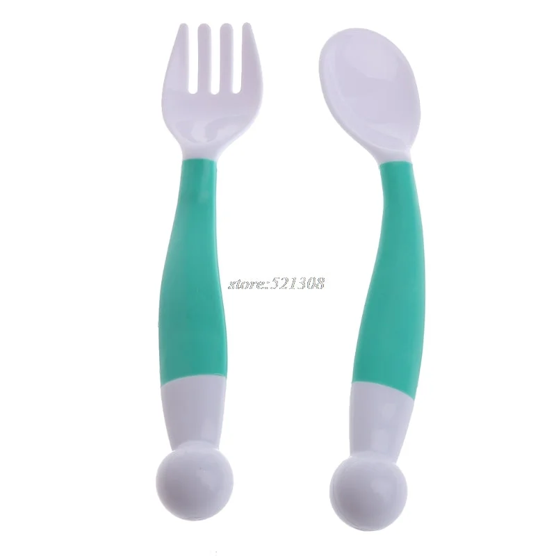 1 Set Safe PP Flexible Baby Spoon+ Fork Adjustable Handle Children Dishes Learning Kids Tableware 2 pcs/Set JUN07