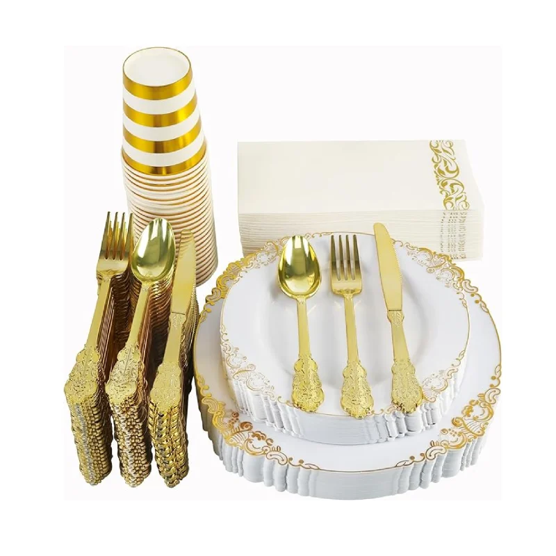 175-Pc Gold or Silver Disposable Plastic Plates Set for 25 Guests