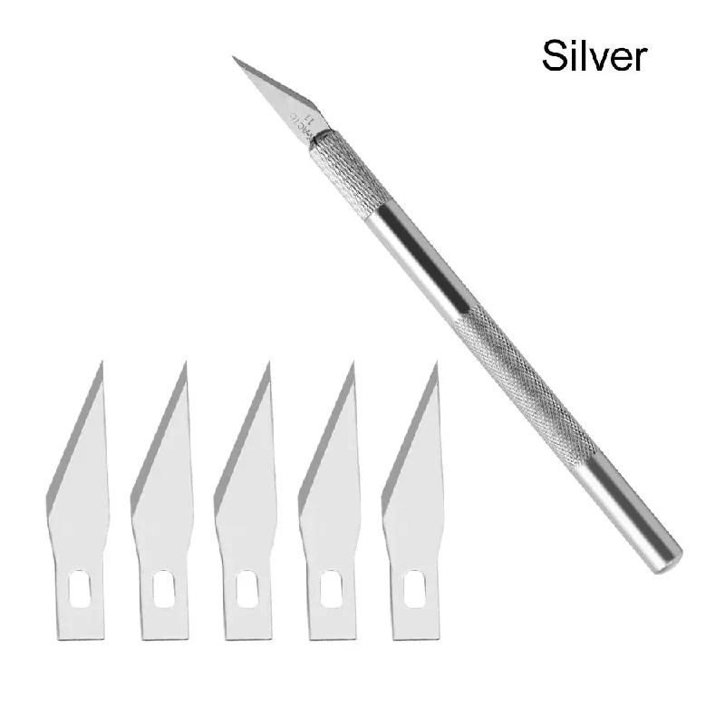 1PC Metal Handle Non-Slip Knife with 6 Blades for Baking and Woodworking (Silver)