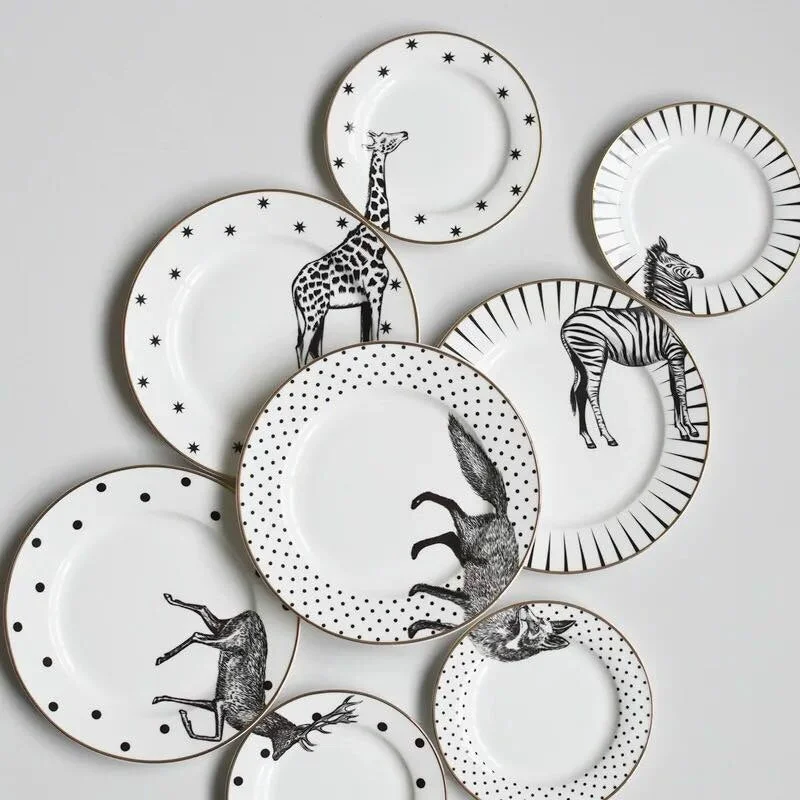 2pcs 8 Inch Animal Combined Plates Set Ceramic Plates Pattern Plates