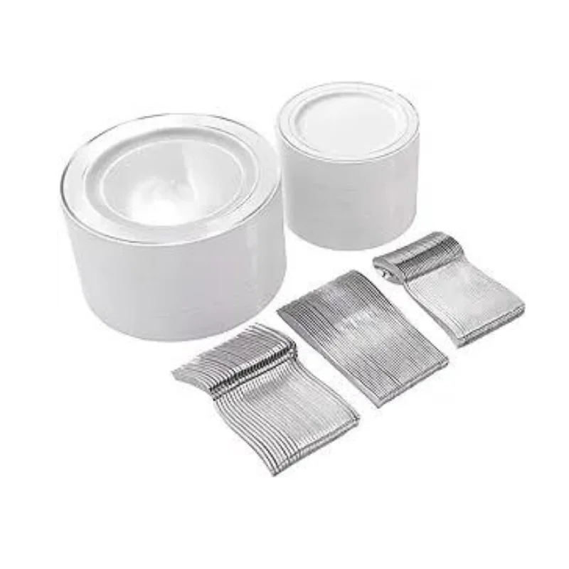 300 Piece Set Of Silver Plastic Plates With Disposable Silverware