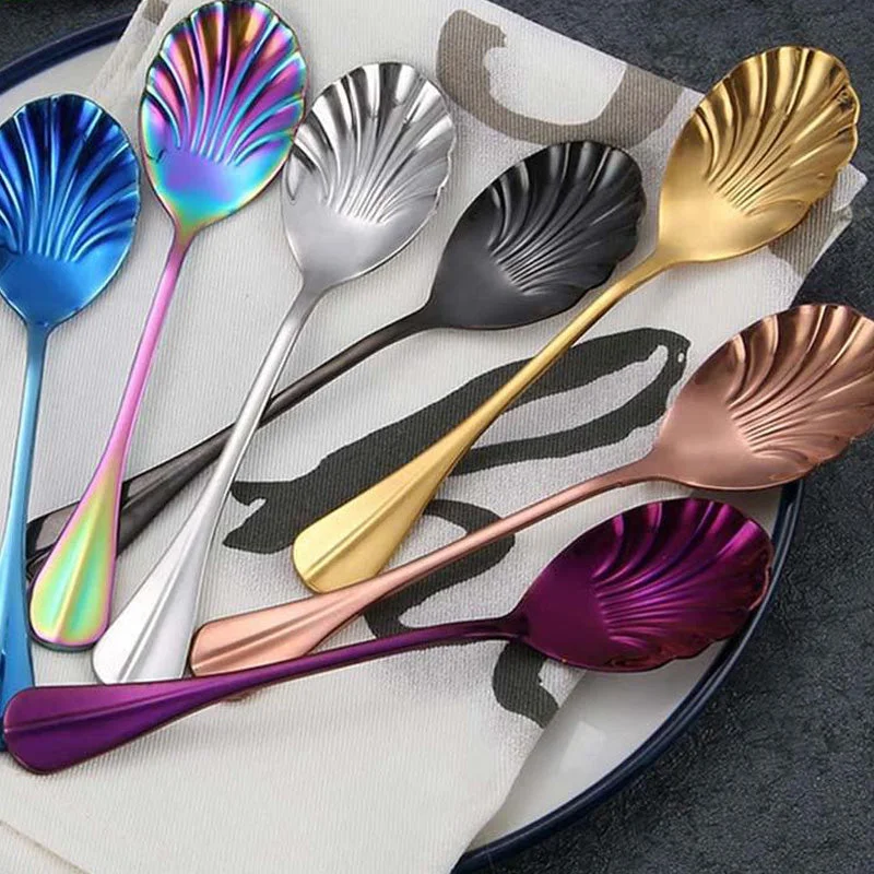 6Pcs Shell Shape Stainless Steel Teaspoons Coffee Spoons Colorful Rainbow Spoons