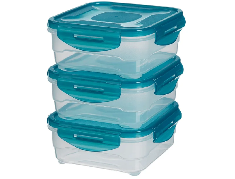 Basics Air-Locked Leak-Proof, Stackable & Airtight Fridge/Freezer Containers with Lids, BPA-Free Plastic, Microwave and Dishwasher Safe 3-Piece Food-Storage Set, 3 x 0.8 Liter, Clear