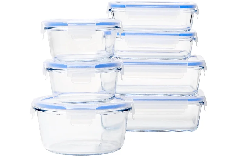 Basics Airtight Glass Food Storage Container Set with BPA-Free & Locking Plastic Lids, 14 Pieces (7 Containers + 7 Lids), Clear