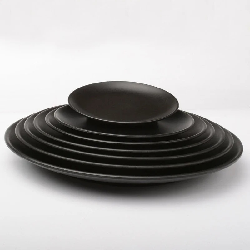 Black Melamine Round Tray Dinner Plate Dishes Food Steak Dinner Plates