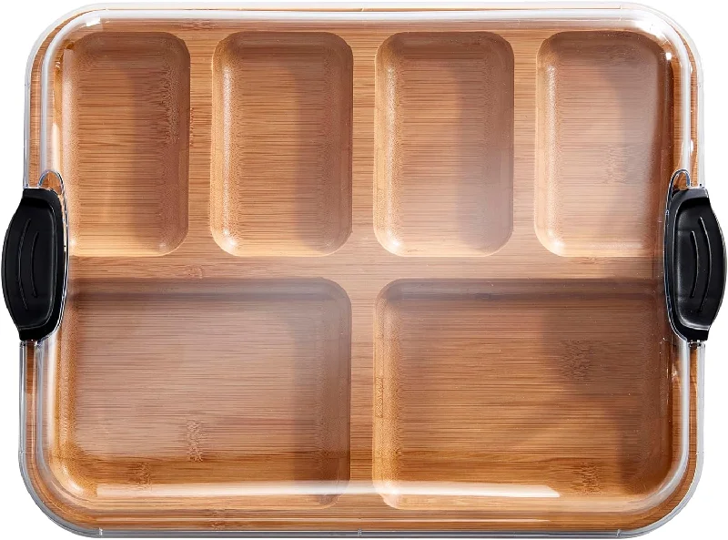 6 Compartment Build-A-Board Bamboo Cutting Board with Clear Locking Lid and Black Handles, 11x14