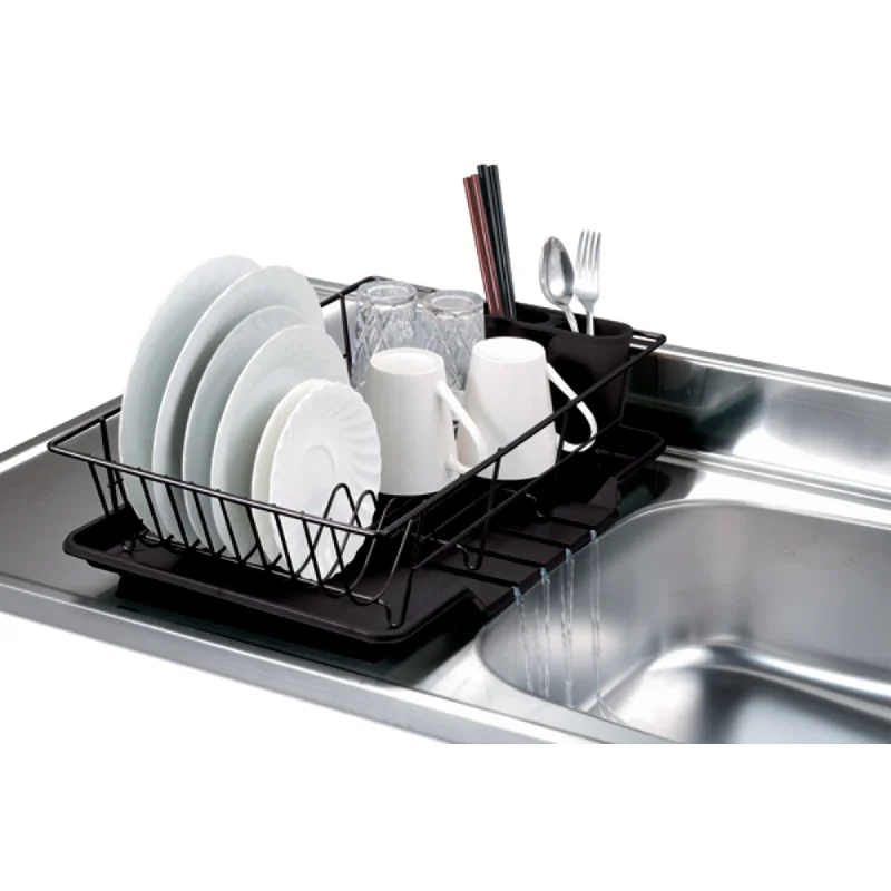 3 Piece Rust-Resistant Vinyl Dish Drainer with Self-Draining Drip Tray, Black