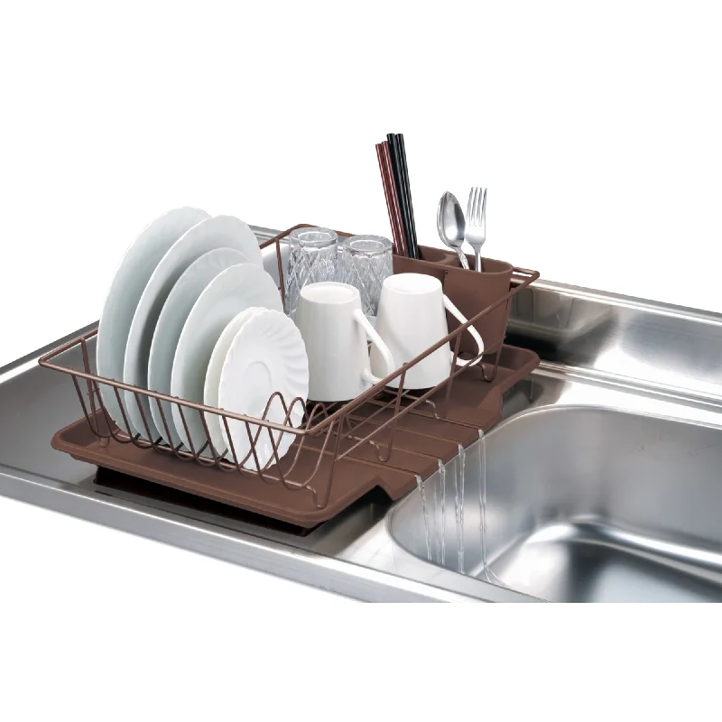 3 Piece Rust-Resistant Vinyl Dish Drainer with Self-Draining Drip Tray, Brown