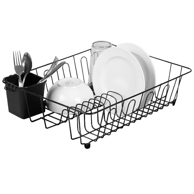 Large Vinyl Coated Wire Dish Rack with Utensil Holder, Black