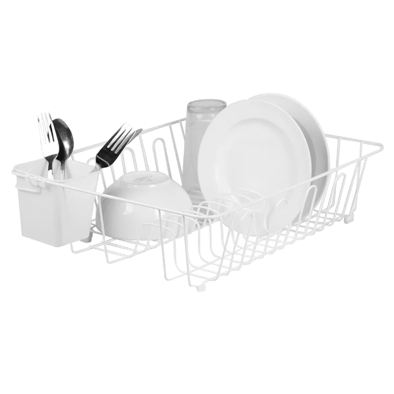 Large Vinyl Coated Wire Dish Rack with Utensil Holder, White