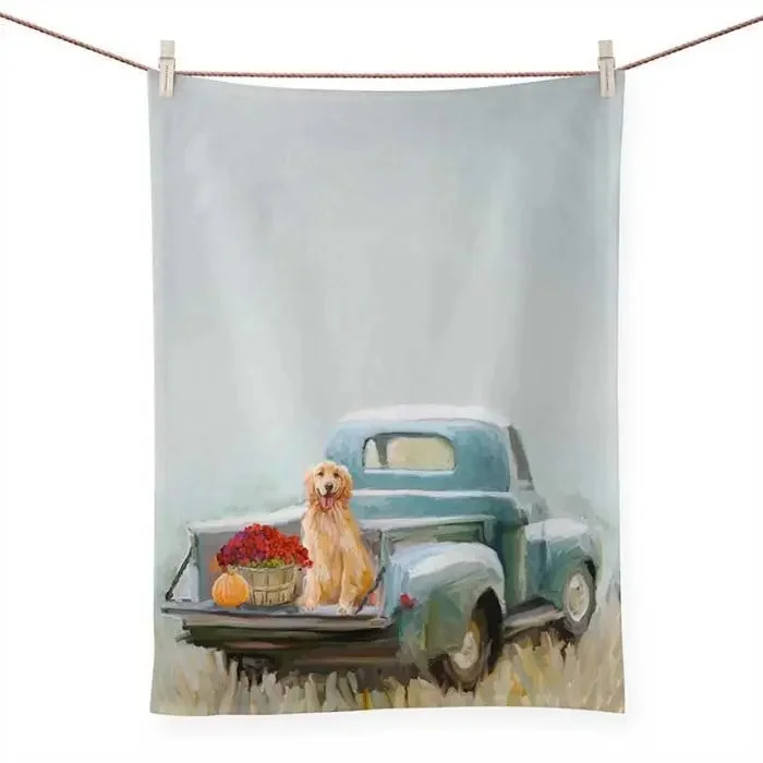 GreenBox Golden Pup In Truck Tea Towel