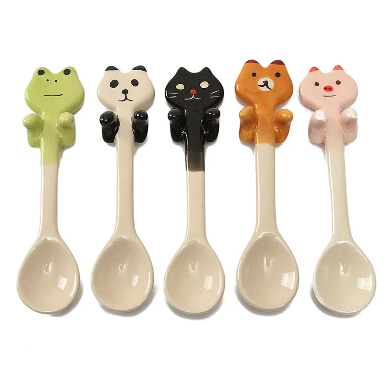 Hot Sale 5 Style Hanging Cup Cute Animal Ceramic Stirring Spoon Coffee Milk Tea Household Tableware Kitchen Dinner Decor Lovely