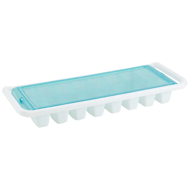 16 Compartment Square Plastic Stackable Ice Cube Tray with Snap-on Cover, Blue