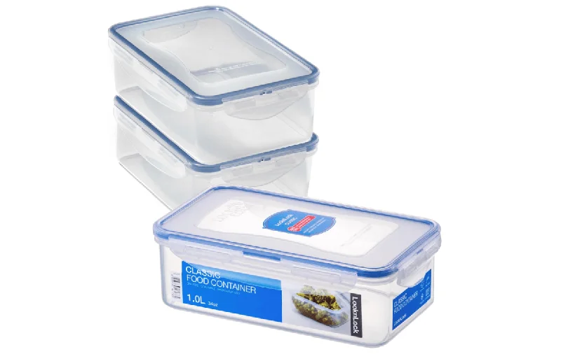 LocknLock Rectangular Food Containers with Lids Set of 3 - Plastic Airtight & Watertight Food Storage Containers, BPA Free & Dishwasher Safe, 3 x 1L