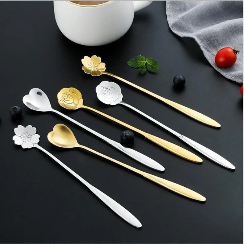 Long Handle Dessert Vintage Teaspoons Drink Tableware Flowers Design