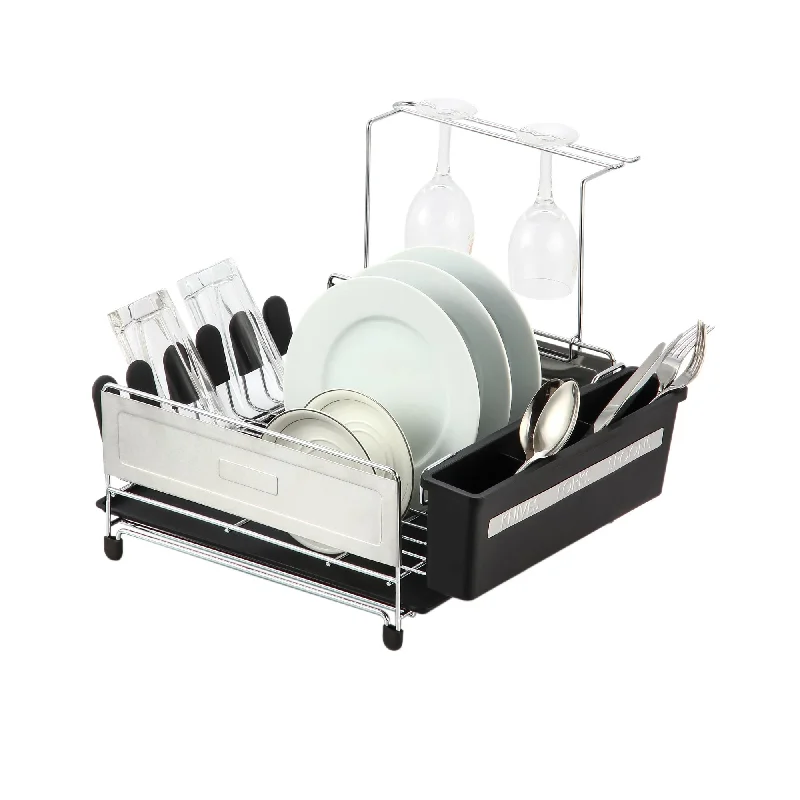 Michael Graves Design Deluxe Extra Large Capacity Stainless Steel Dish Rack with Wine Glass Holder, Black