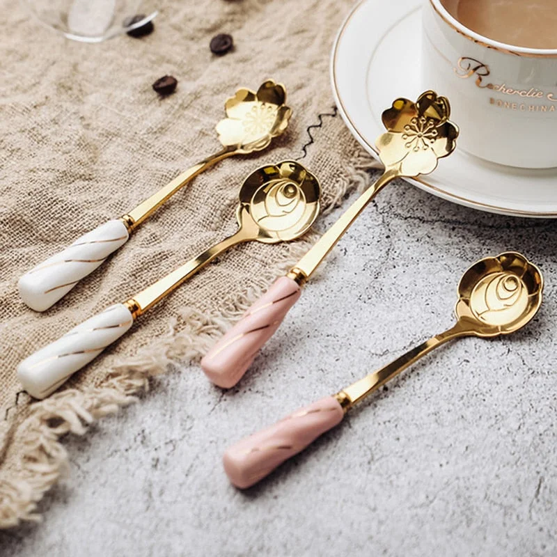 Mixing Spoon With Ceramic Handle Flower Shape Dessert Spoon Tableware