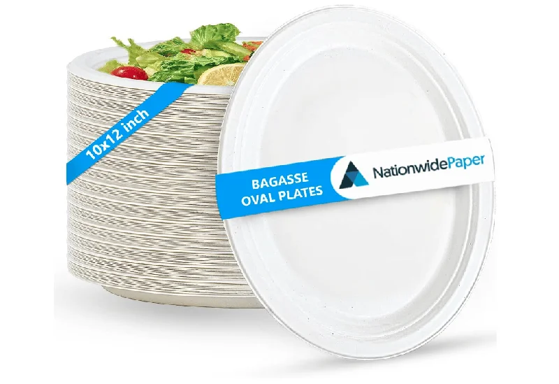 NationwidePaper 10x12 Inch Disposable Oval Paper Plates, Large, Heavy Duty, Eco-Friendly, White Bagasse Paper Plates, 50Pcs