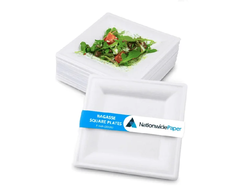 NationwidePaper 8 Inch Biodegradable Square Paper Plates, Bagasse White Disposable Plates, Strong Party Plates (50 Pcs)