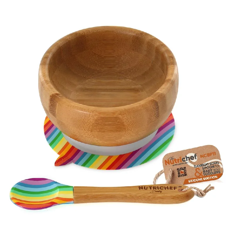 Rainbow Bamboo Bowl With Silicone Suction And Spoon For Baby And Toddlers