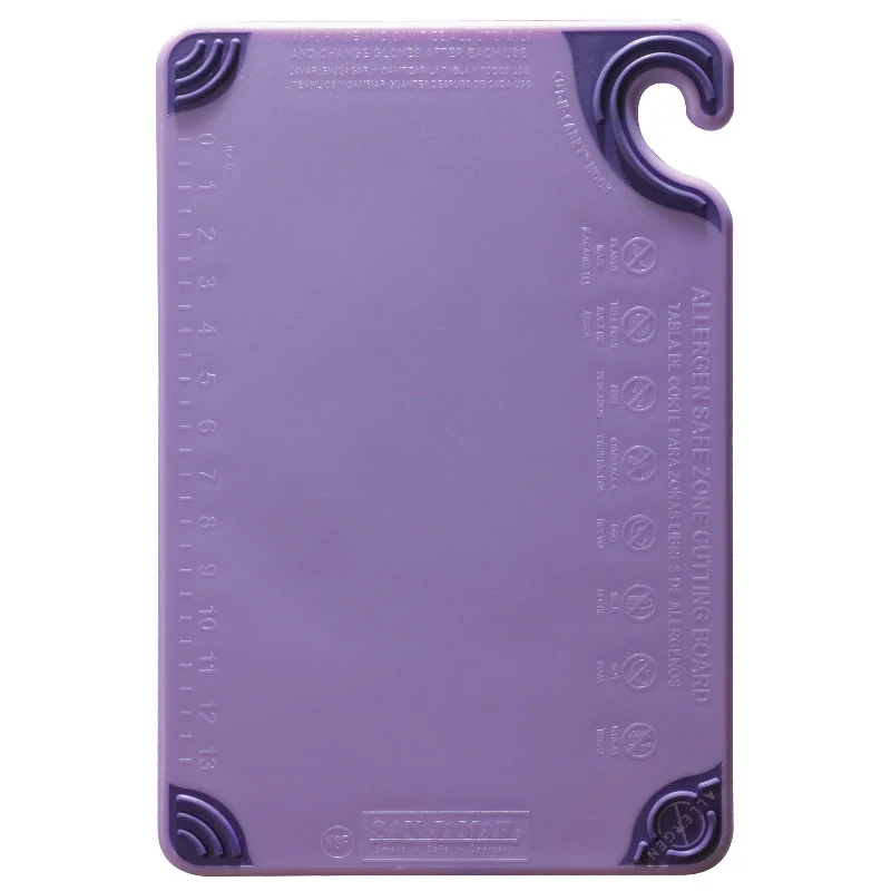 San Jamar Saf-T-Grip 12" x 18" Cutting Board with Food Safety Hook, Purple