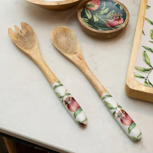 Set of 2 Wooden Fork/Spoon with Enamel Inlay Pomegranate - White