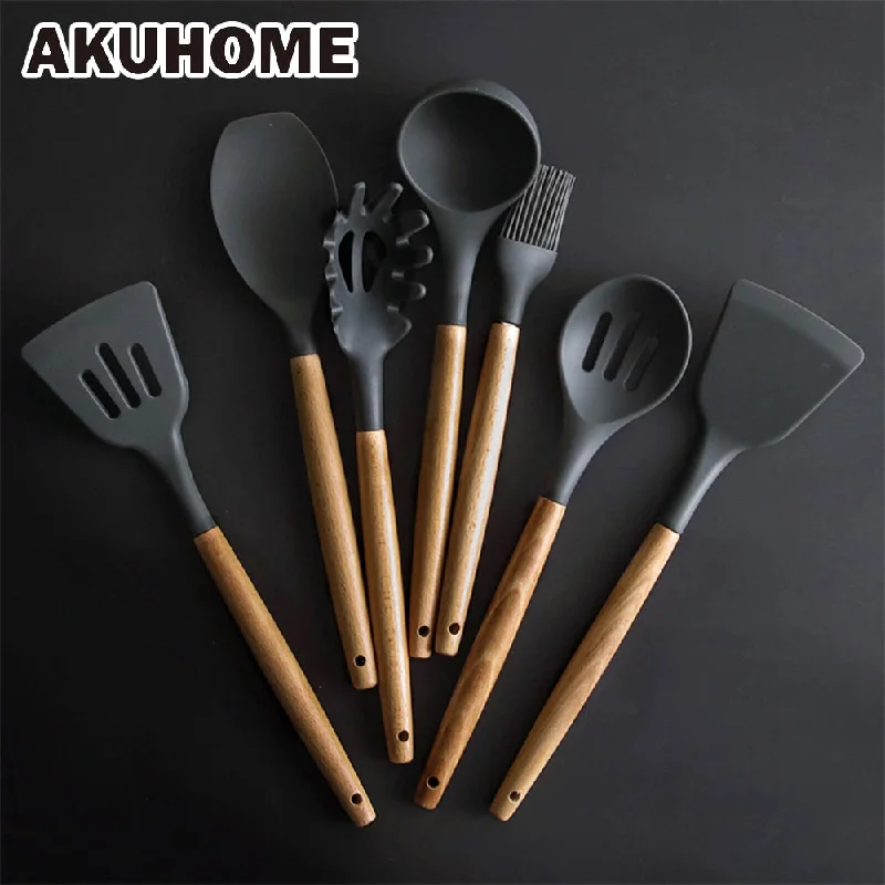 Silicone Kitchen Tools Cooking Sets Soup Spoon Spatula Non-stick Shovel with Wooden Handle Special Heat-resistant Design