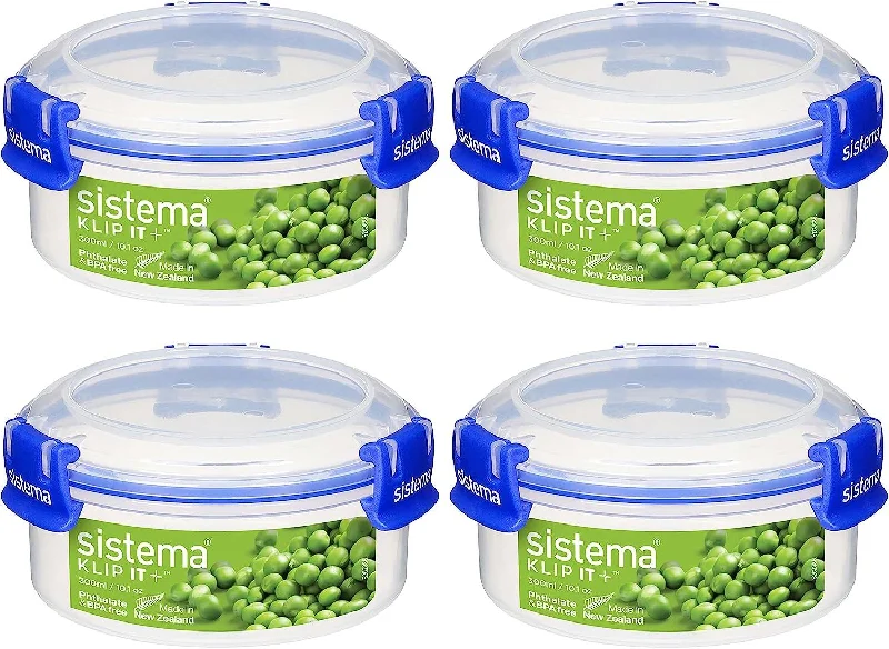 Sistema KLIP IT PLUS Round Food Storage Containers | 300 ml Leak-Proof, Stackable & Airtight Fridge/Freezer Containers with Lid | BPA-Free | Recyclable with TerraCycle® | 4 Count, Blue