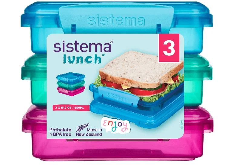 Sistema Lunch Sandwich Boxes | 450 ml | Airtight School Lunch Boxes | BPA-Free | Assorted Colours | 3 Count