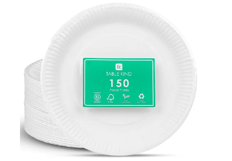 TABLE KIND | 150 BULK PACK | Eco-Friendly White Paper Plates for Catering & Everyday Use, Recyclable Round Disposable Dishes Birthday Party Supplies, Home Compostable | Made in EU | 22CM