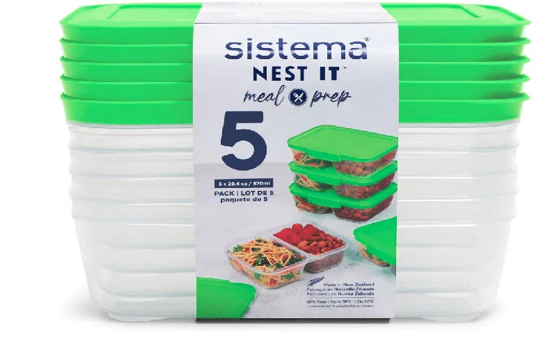 Sistema NEST IT Meal Prep Containers | 870 ml | Airtight Food Storage Containers with Compartments & Lids | School Lunch Boxes | BPA-Free | Green | 5 Count