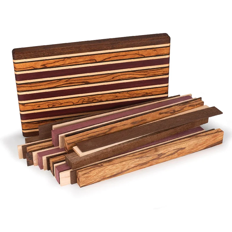 Exotic Cutting Board Kit - 1-1/2" x 9-7/8" x 16" - Brownheart, Maple, Marblewood, Purpleheart & Wenge