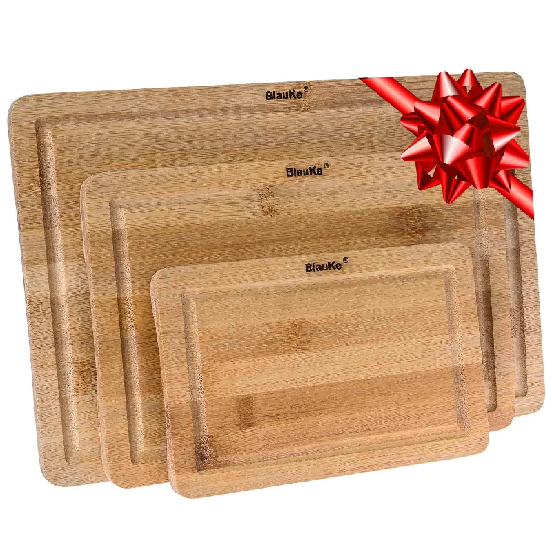 Wooden Cutting Boards for Kitchen with Juice Groove and Handles - Bamboo Chopping Boards Set of 3 - Wood Serving Trays