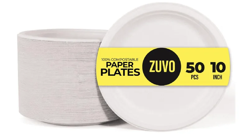 Zuvo Disposable Plates 50 Pack - 100% Compostable White Paper Plates 10 Inch - Biodegradable Plates for Party, BBQ, Picnic Made with Bagasse Paper