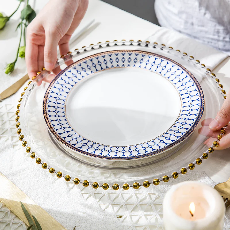 Beaded Dot Inlaid Golden Rim Dinner Plate