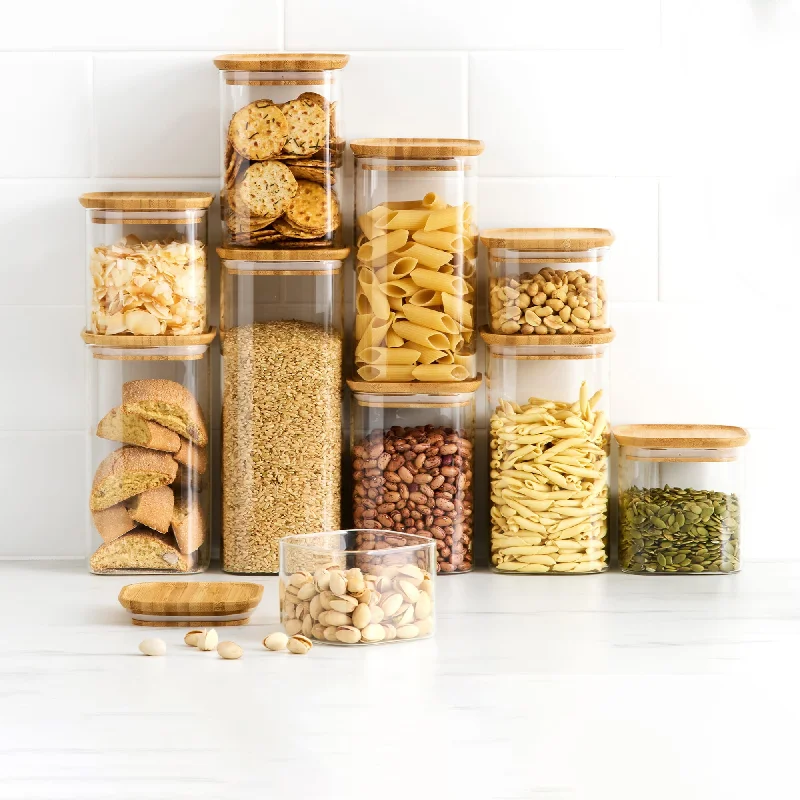 Kitchen Pro Eco Square Glass Canister with Bamboo Lid Set 10 Piece