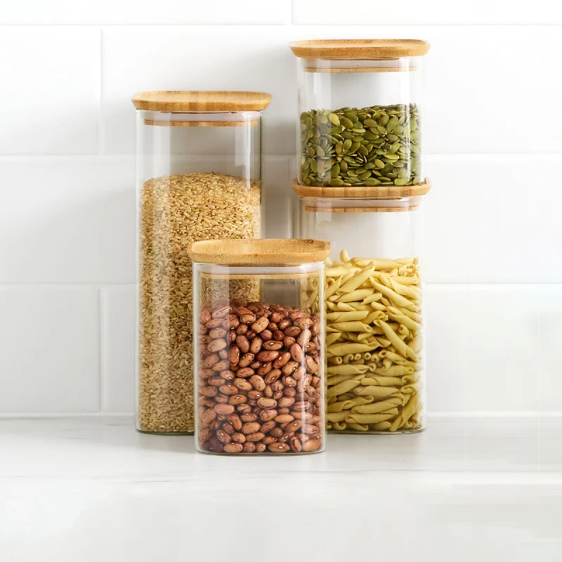 Kitchen Pro Eco Square Glass Canister with Bamboo Lid Set 4 Piece