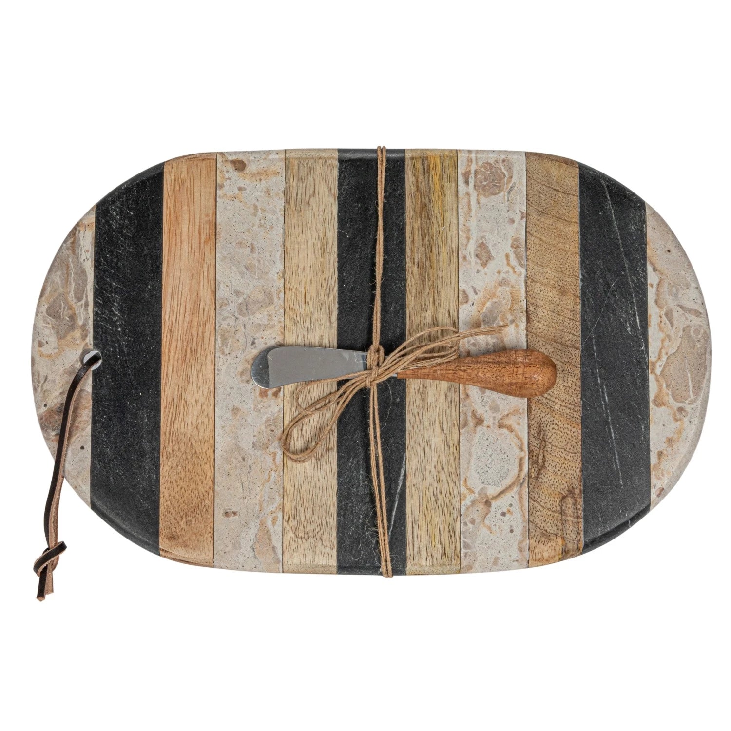 Marble & Mango Wood Cheese/Cutting Board w/ Leather Tie & Canape Knife