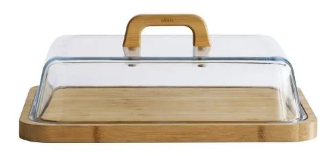 Pebbly - Store & Serve Glass Cheese Box With Bamboo Platter