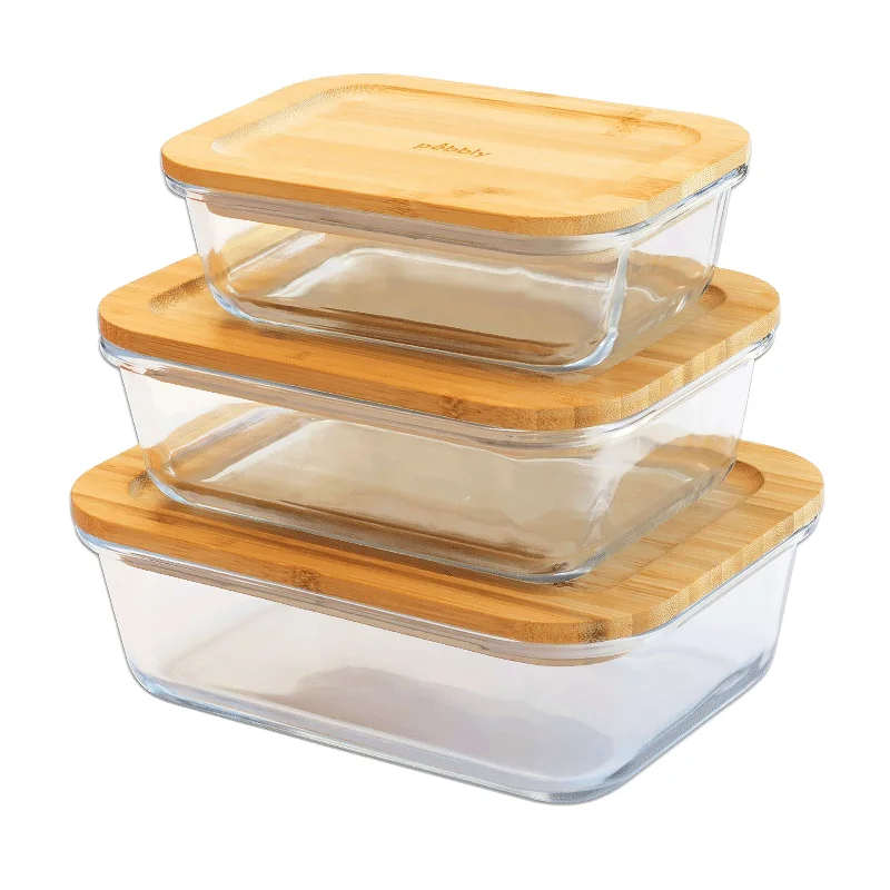 Rectangular Food Storage Containers with Bamboo Lid 3PCS Set